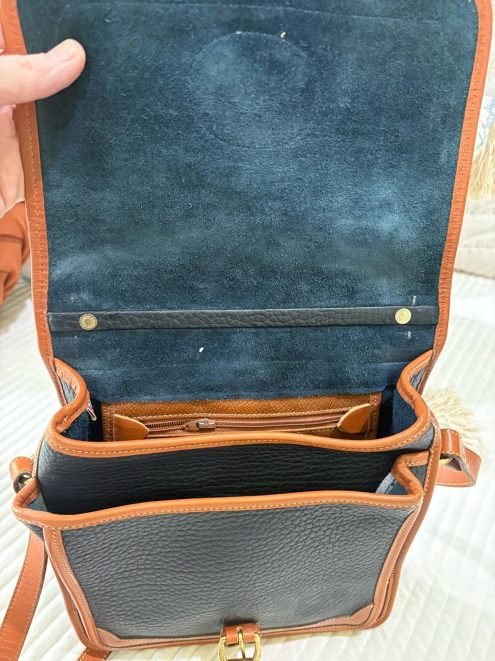 Dooney & Bourke Navy and Tan Leather Crossbody Satchel - Picture 5 of 6